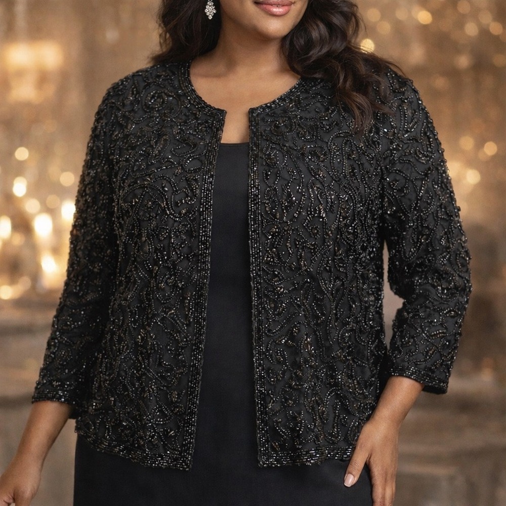 Valerie Stevens II Black Beaded Silk Evening‎ Jacket Plus Size 20W 16W Vintage